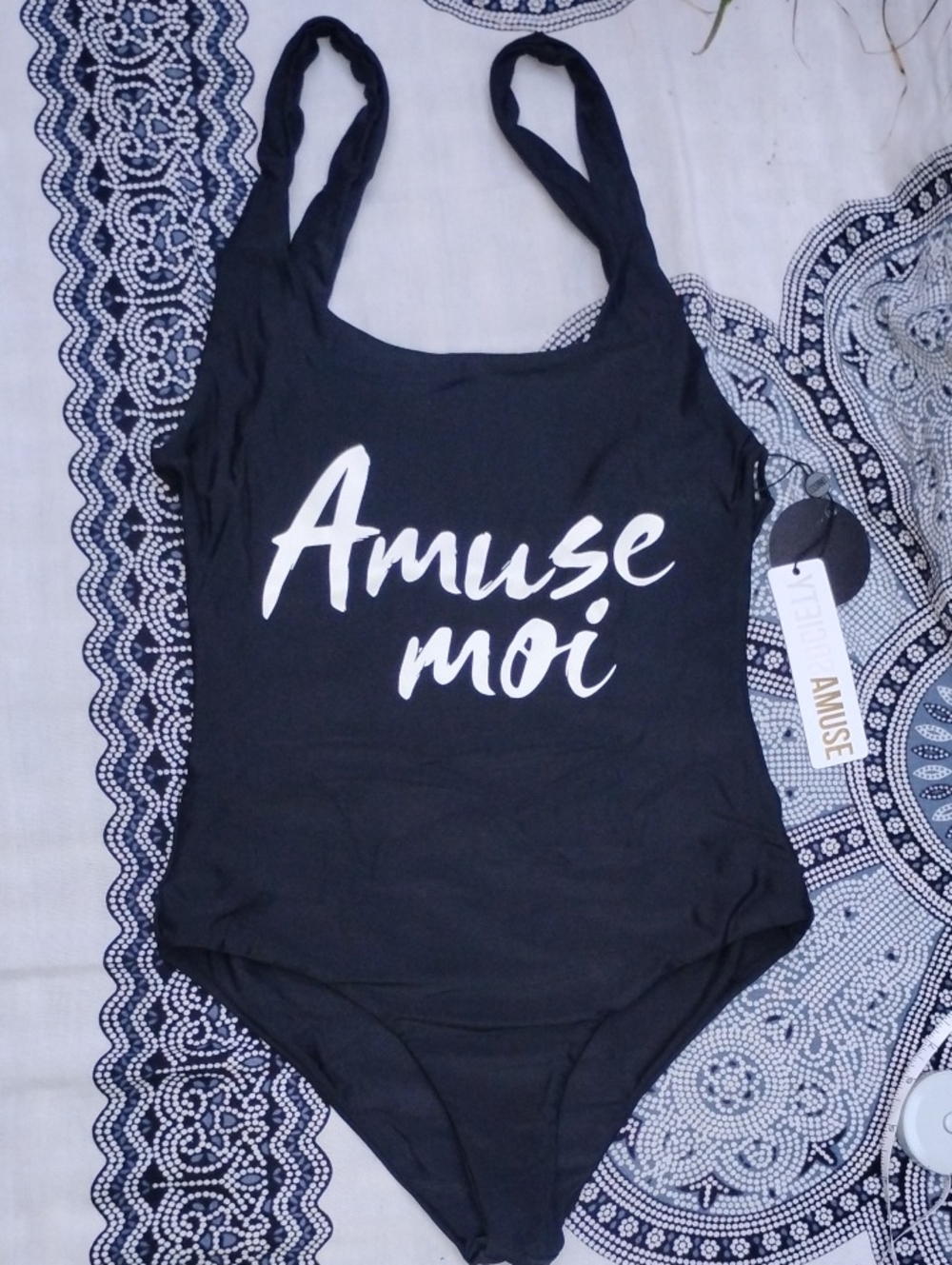 Amuse Society Sz S NWT Evie One Piece Swimsuit Black Small Graphic Script